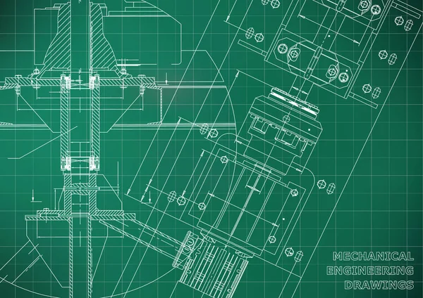 Maschinenbauzeichnungen Technisches Design Blaupausen Hellgrüner Hintergrund Raster — Stockvektor