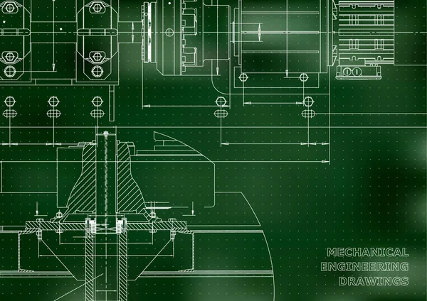 Gépészeti Rajzok Technikai Tervezés Mérnöki Háttér Tervrajzok Zöld Háttér Pontok — Stock Vector