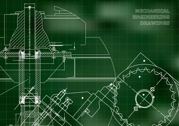 エンジニアリングのバックグラウンド 機械工学の図面 カバー テクニカルデザイン 青写真 緑の背景 グリッド — ストックベクタ