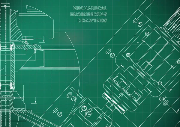 Dibujos Ingeniería Mecánica Diseño Técnico Fabricación Instrumentos Planos Fondo Verde — Vector de stock