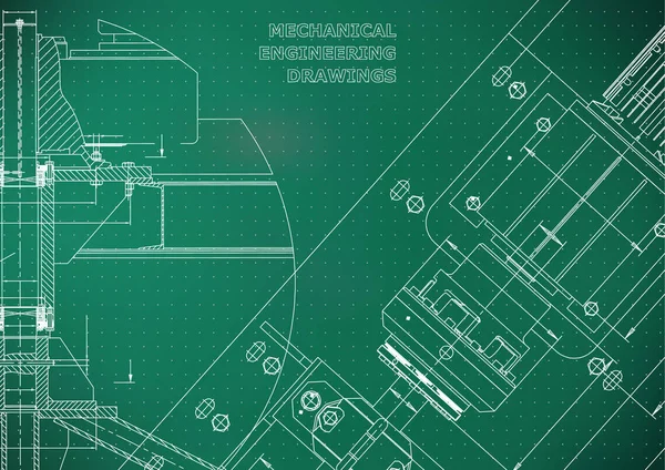 Rysunki Inżynierii Mechanicznej Projekt Techniczny Podejmowania Instrumentu Plany Jasnozielonym Tłem — Wektor stockowy