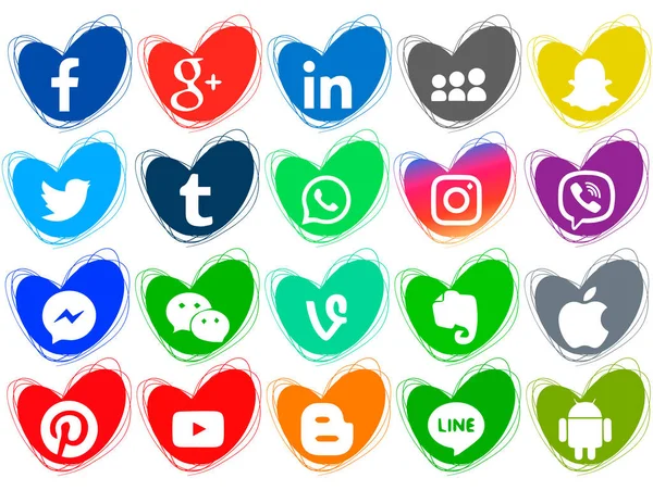 Una Colección Iconos Populares Redes Sociales Sobre Fondo Blanco Corazones — Vector de stock