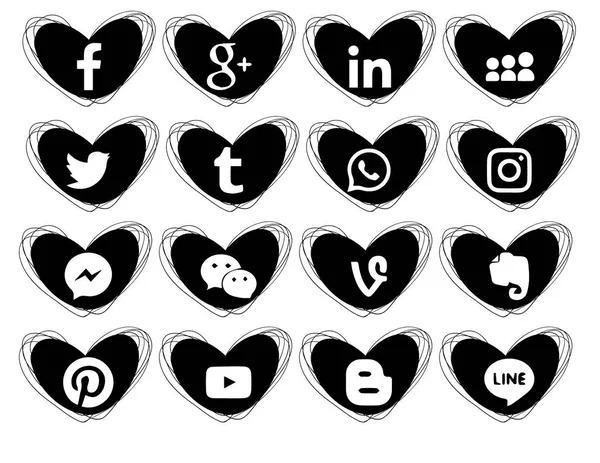 Colección Iconos Populares Redes Sociales Sobre Fondo Blanco Piezas Corazones — Vector de stock