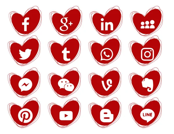 Sammlung Beliebter Social Media Symbole Auf Weißem Hintergrund Stück Herzen — Stockvektor