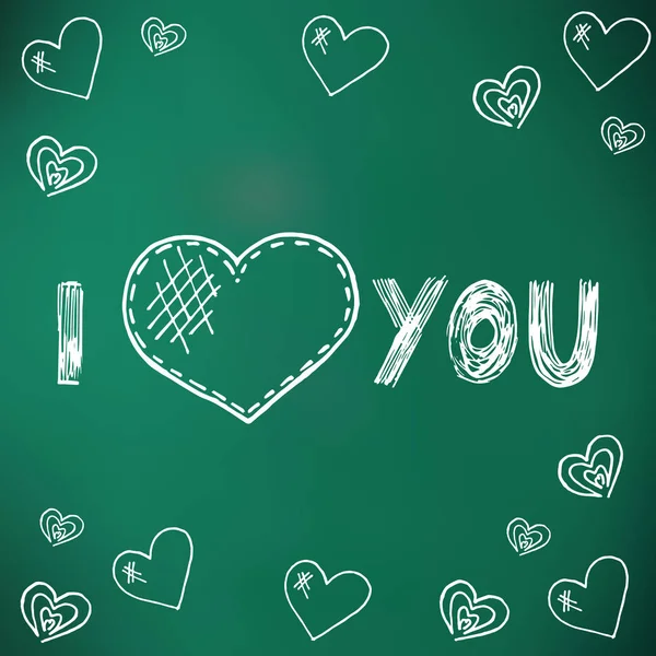 Kocham Cię Szczęśliwych Walentynek Kreda Pokładzie Zielone Doodle Serca — Wektor stockowy