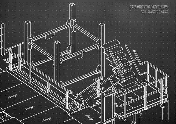 Edificio Construcciones Metálicas Construcciones Volumétricas Fondo Negro Puntos Vista — Archivo Imágenes Vectoriales