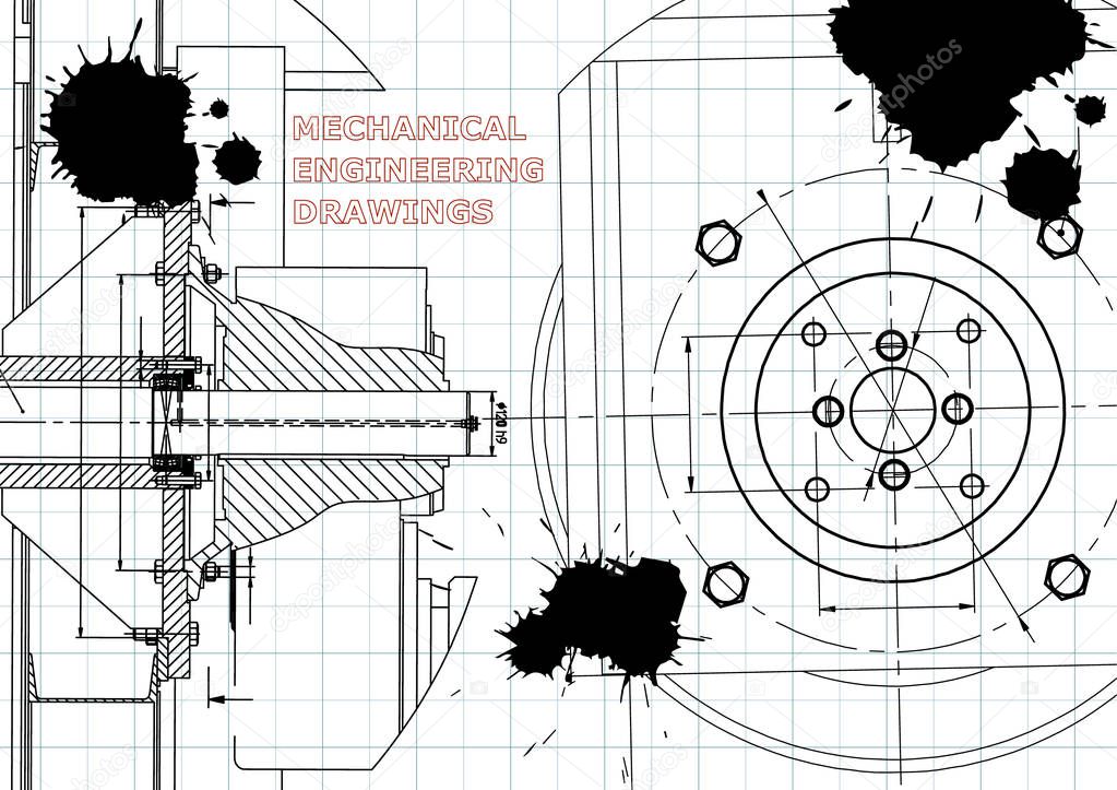 Technical illustration. Mechanical engineering. Backgrounds of engineering subjects. Draft. Black Ink. Blots