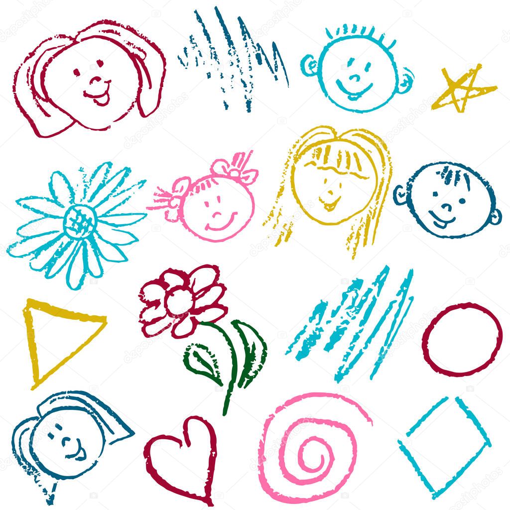 Children's drawings. Elements for the design of postcards, backgrounds, packaging. Prints for clothes. Drawing of wax crayons on a white background. Faces, geometric shapes, flower