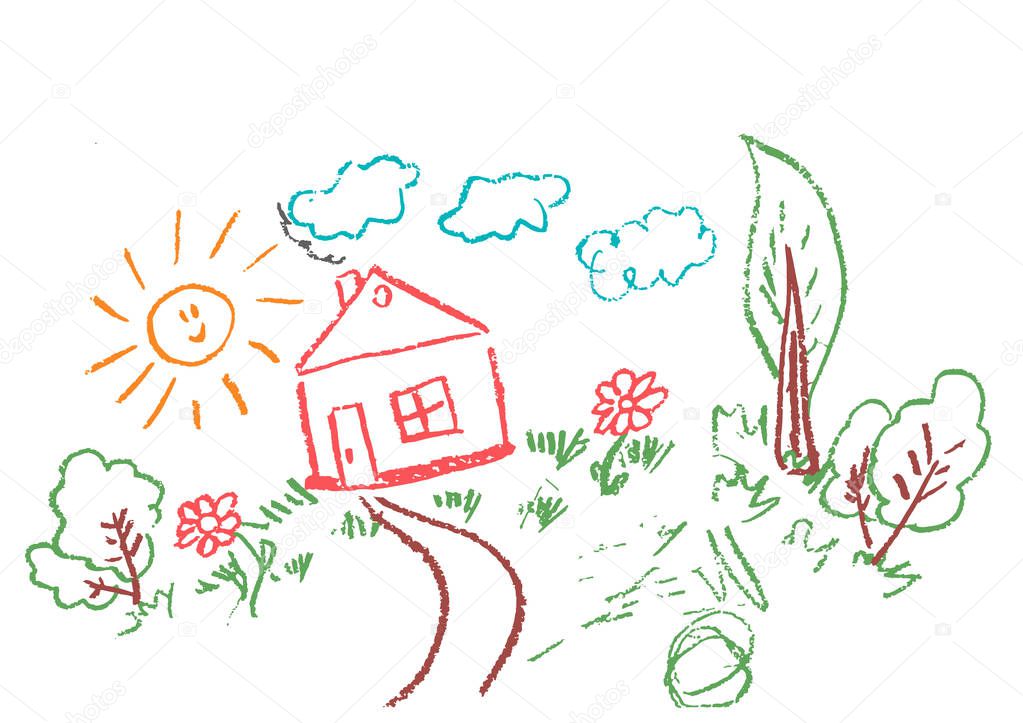 Children's drawings. Elements for the design of postcards, backgrounds, packaging. Prints for clothes. Drawing of wax crayons on a white background. Sun, clouds, trees, flowers, house