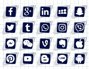 Beyaz bir arka plan üzerinde popüler sosyal medya simgeler koleksiyonu. Doodle simgeler kare. Çizim defter sayfası