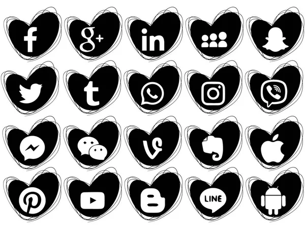 Samling Populära Sociala Medier Ikoner Vit Bakgrund Hjärtan Doodles Ikoner — Stock vektor