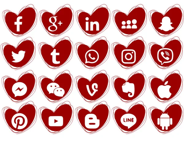 Una Colección Iconos Populares Redes Sociales Sobre Fondo Blanco Corazones — Vector de stock