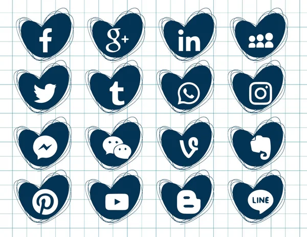 Samling Populära Sociala Medier Ikoner Vit Bakgrund Stycken Hjärtan Doodles — Stock vektor