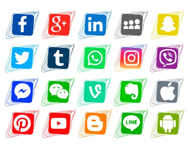 白い背景の上の人気のソーシャル メディア アイコンのコレクション 色の正方形落書きアイコン — ストックベクタ
