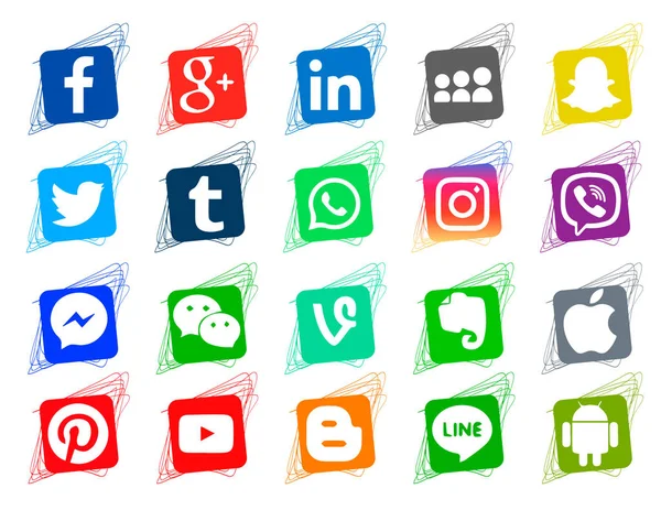 白い背景の上の人気のソーシャル メディア アイコンのコレクション 正方形の Colordoodle アイコン — ストックベクタ