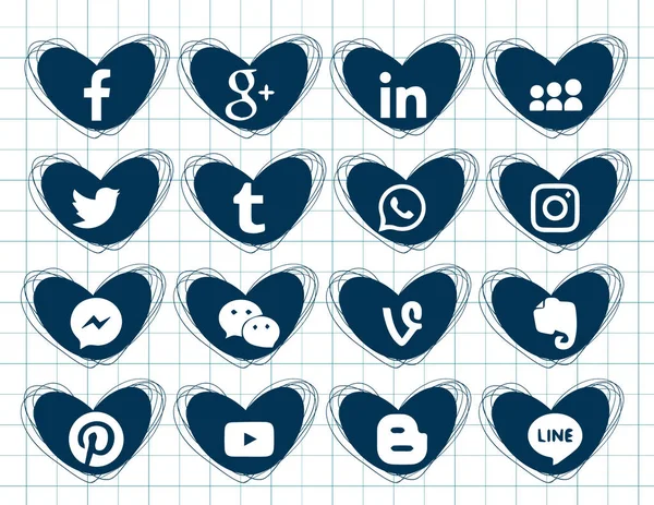 Samling Populära Sociala Medier Ikoner Stycken Hjärtan Doodles Ikoner Ritning — Stock vektor