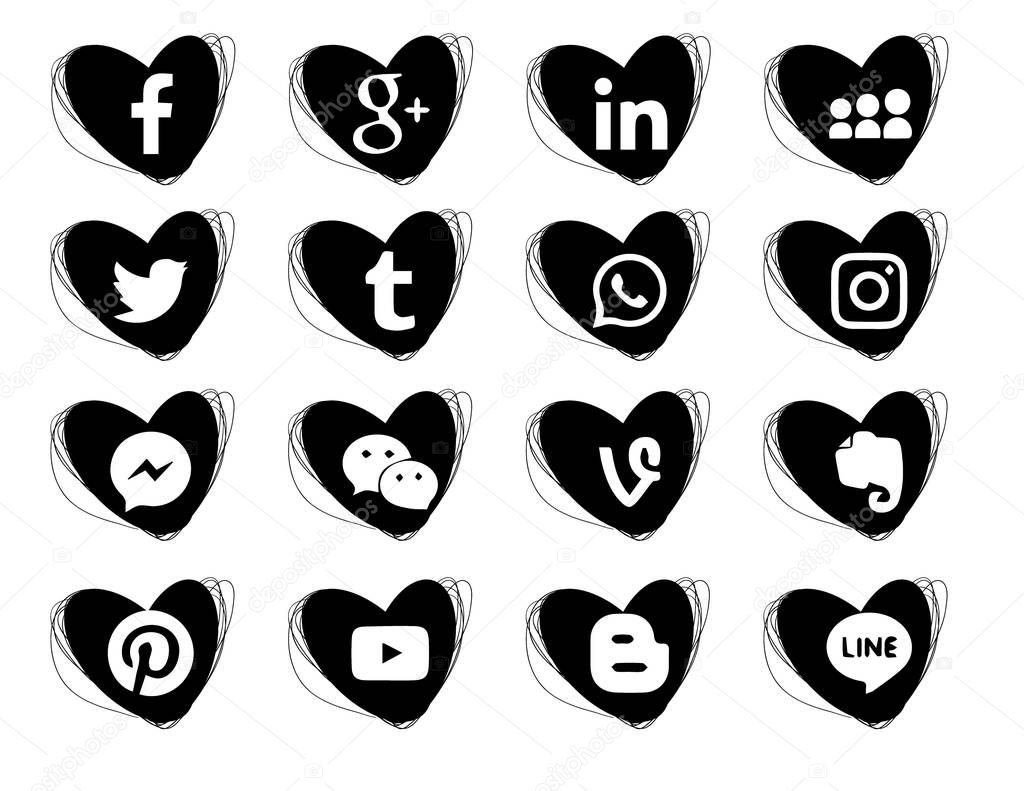 Hearts Doodles Icons Black Collection Of Popular Social Media Icons On A White Background Facebook Instagram Linkedin Pinterest Twitter Line 16 Pieces Premium Vector In Adobe Illustrator Ai Ai