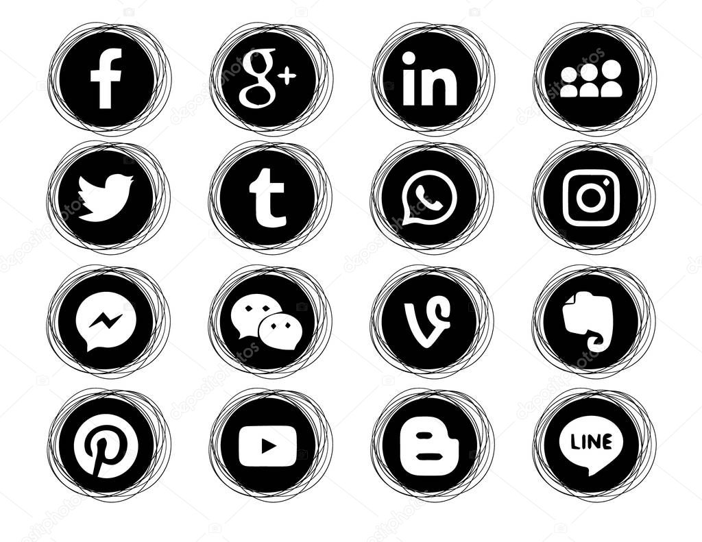 Round Doodle Icons Black Collection Of Popular Social Media Icons On A White Background Facebook Instagram Linkedin Pinterest Twitter Line 16 Pieces