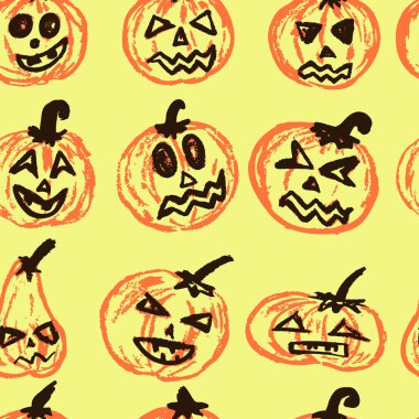 Halloween. Vektör Dikişsiz desen. Komik yüzlerden oluşan bir koleksiyon. Sonbahar tatilleri. Eğlence, çocuklar, gelenekler