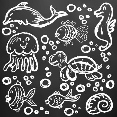 Sevimli çocuk çizimi. Simgeler, işaretler, semboller, iğneler