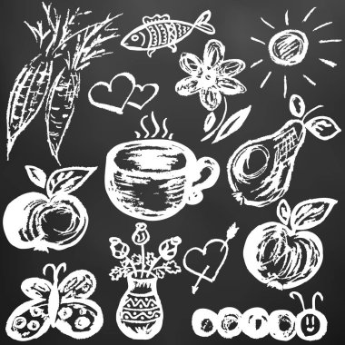 Sevimli çocuk çizimi. Simgeler, işaretler, semboller, iğneler