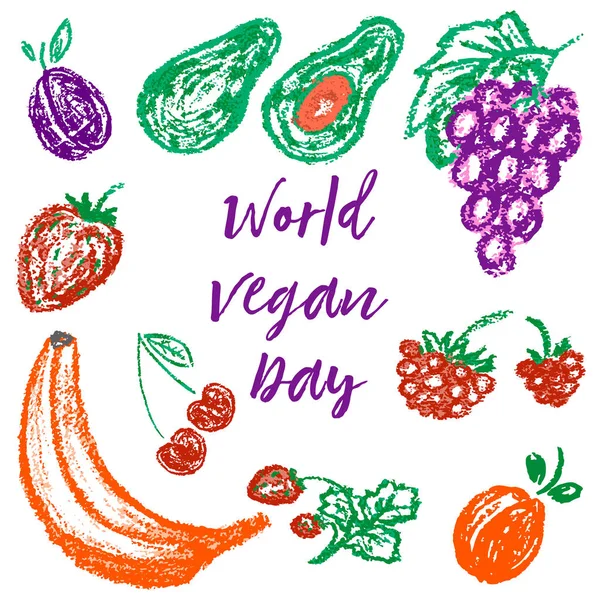 Dessin Enfants Crayons Couleur Journée Mondiale Végétalienne Prune Avocat Raisin — Image vectorielle