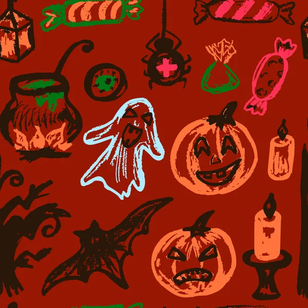 Halloween Schema Senza Soluzione Continuità Illustrazione Vettoriale Raccolta Elementi Festivi — Vettoriale Stock