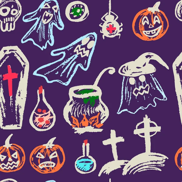 Halloween Płynny Wzór Kreda Kolorze Zbiór Elementów Świątecznych Duchy Dynie — Wektor stockowy