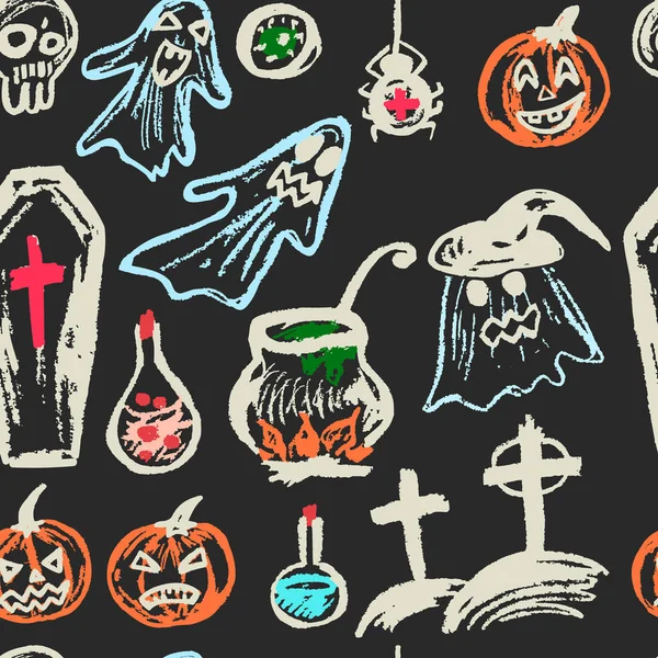 Halloween Patrón Sin Costuras Tiza Color Una Pizarra Colección Elementos — Archivo Imágenes Vectoriales