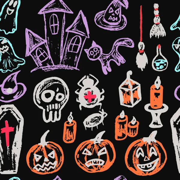 Halloween Naadloos Patroon Verzameling Van Feestelijke Elementen Herfstvakantie Pompoen Kist — Stockvector
