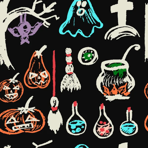 Halloween Conjunto Objetos Divertidos Patrón Sin Costuras Colección Elementos Festivos — Vector de stock