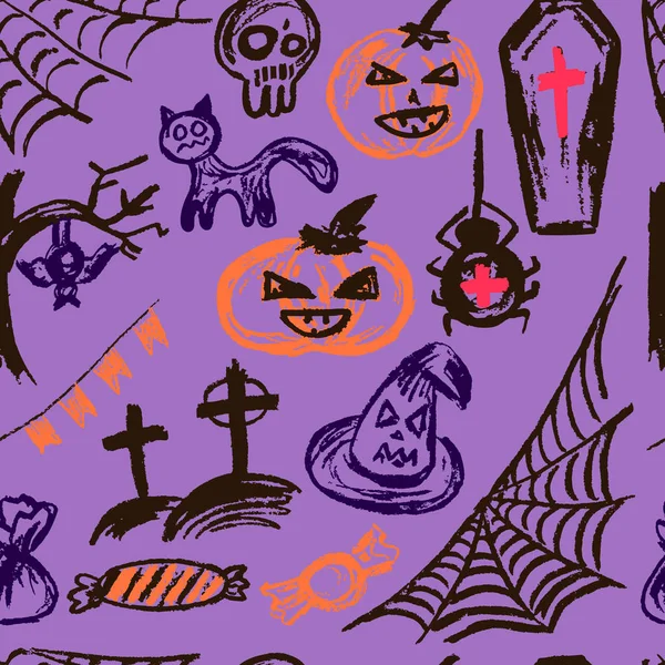 Halloween. Vector Seamless pattern. Collection elements. Autumn holidays. Pumpkin, cobweb, skull, coffin, tree, bat, cemetery, candy, spider, flags, cat, witch hat — Stock Illustration Halloween Vector Seamless Pattern Collection Elements Autumn Holidays Pumpkin Cobweb Vector Graphics