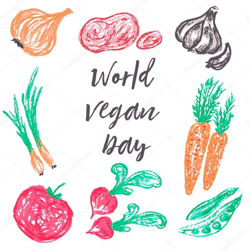 Children's drawing wax crayons. World Vegan Day. Onions, potatoes, garlic, pumpkin, carrots, peas, tomato, radish