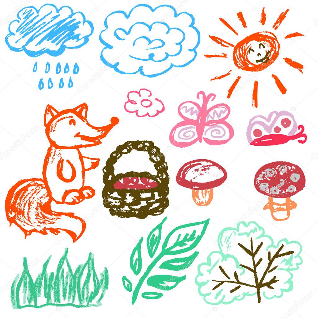 Cute children's drawing. Icons, signs, symbols, pins