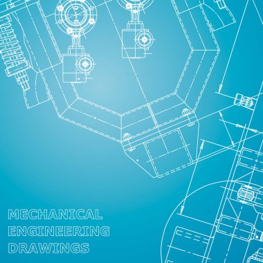 Blueprint, Sketch. Vektör Mühendisliği Illustration. Kapak, afiş, afiş, arka plan. Enstrüman yapma çizimleri. Mekanik mühendislik çizimi. Teknik çizimler, arka planlar. Mavi ve beyaz