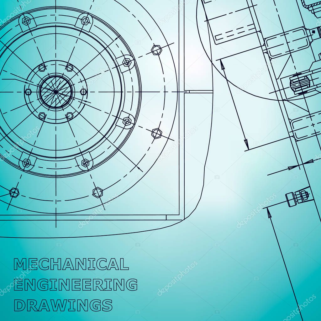Blueprint, Sketch. Vector engineering illustration. Cover, flyer, banner, background. Instrument. Mechanical. Corporate Identity. Light blue