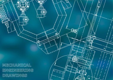Blueprint, Sketch. Vektör Mühendisliği Illustration. Kapak, afiş, afiş, arka plan. Enstrüman yapma çizimleri. Mekanik mühendislik çizimi. Teknik çizimler, mavi arka plan. Düzeni