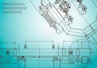 Bilgisayar destekli tasarım sistemleri. Teknik çizimler, arka planlar. Makine mühendisliği çizimi. Makine yapım endüstrisi. Alet yapımı çizimler. Blueprint. Açık mavi