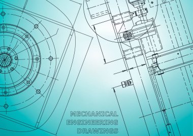 Blueprint. Vektör Mühendisliği Illustration. Kapak, afiş, afiş, arka plan. Enstrüman yapma çizimleri. Mekanik mühendislik çizimi. Teknik çizimler, arka planlar. Şeması, anahat. Açık mavi