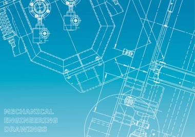 Blueprint, Sketch. Vektör Mühendisliği Illustration. Kapak, afiş, afiş, arka plan. Enstrüman yapma çizimleri. Mekanik mühendislik çizimi. Teknik çizimler, arka planlar. Düzeni. Mavi ve beyaz