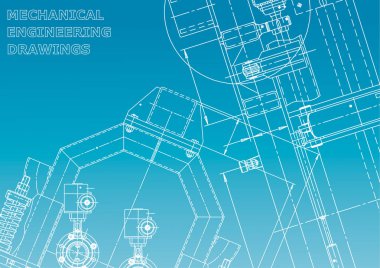 Blueprint, Sketch. Vektör Mühendisliği Illustration. Kapak, afiş, afiş, arka plan. Enstrüman yapma çizimleri. Mekanik mühendislik çizimi. Teknik çizimler, arka plan. Mavi ve beyaz