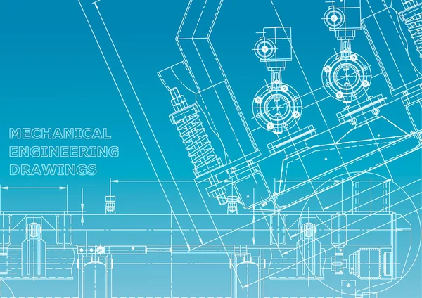 计算机辅助设计系统 技术插图 机械工程图纸 机器制造行业 仪器制作图纸 蓝色和白色 — 图库矢量图片