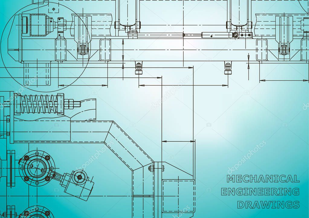Computer aided design systems. Blueprint, scheme, plan, sketch. Technical illustrations, backgrounds. Mechanical engineering drawing. Industry. Light blue