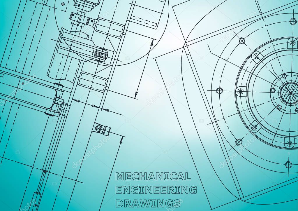 Blueprint. Vector engineering illustration. Cover, flyer, banner, background. Instrument-making drawings. Mechanical engineering drawing. Technical illustrations, backgrounds. Scheme, Outline, Plan. Light blue