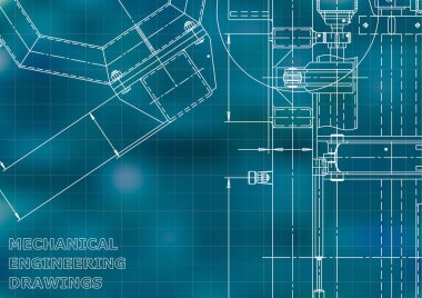 Vektör mühendisliği illüstrasyon. Makine mühendisliği çizimi. Alet yapımı çizimler. Bilgisayar destekli tasarım sistemleri. Teknik Mavi arka plan. Kılavuz