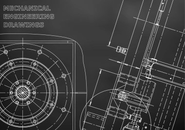 Plan, Kroki. Vektör mühendisliği illüstrasyon. Kapak, el ilanı, afiş, siyah arka plan. Alet yapımı çizimler. Makine mühendisliği çizimi