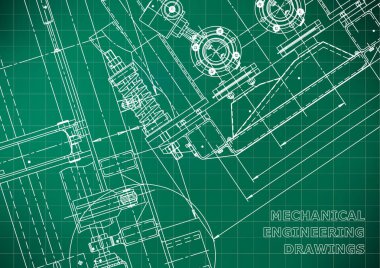 Blueprint. Vektör mühendisliği çizimleri. Mekanik alet yapımı. Teknik soyut Açık yeşil arka plan. Kılavuz. Teknik illüstrasyon, kapak, afiş