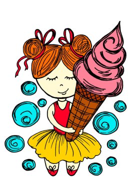 Kartpostal, el ilanı, afiş, kıyafetler için baskı. Dondurmalı kız. Kabarcık
