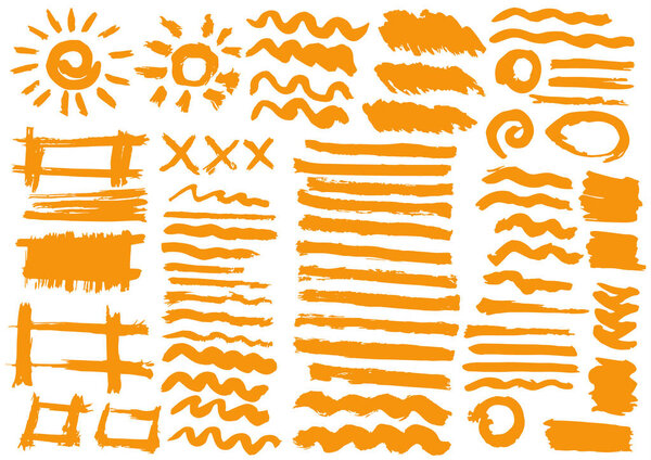 Solar design elements. Vector Sun. Orange stripes, grunge. Handmade. Original textures, hand drawing. Brushes, frames for text