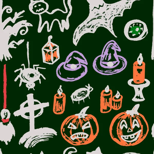 Halloween Set Funny Objects Seamless Pattern Collection Festive Elements Autumn — Stock Vector